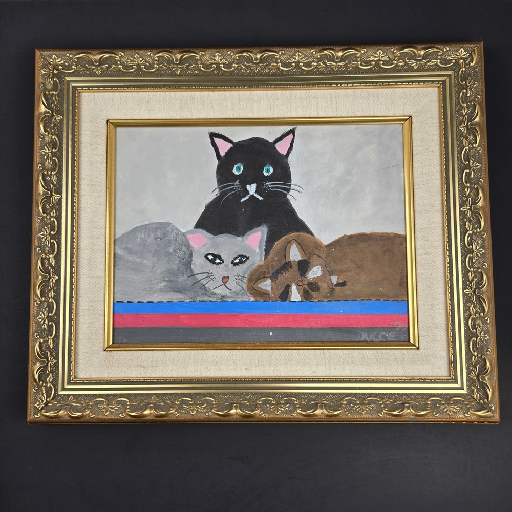 Vintage Dulce Signed Cat Folk Art Painting Framed Original 1990 Trio of Cats Art